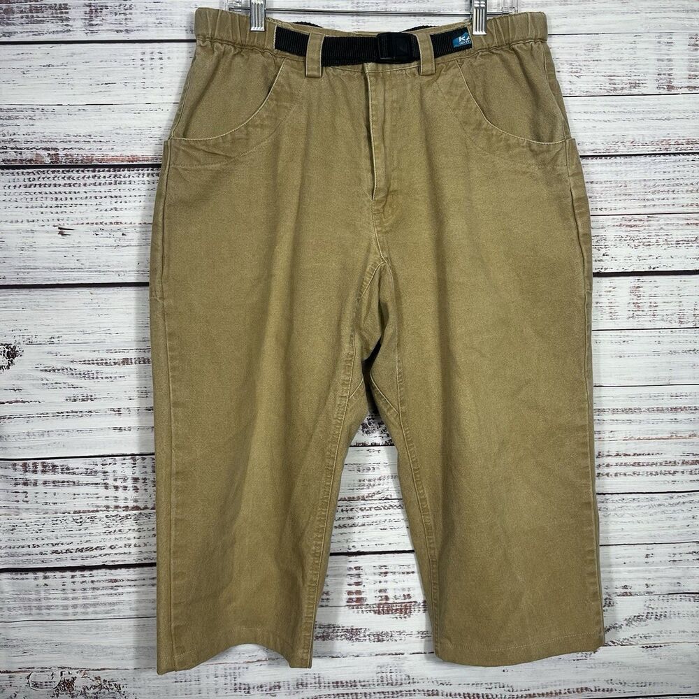 Vtg KAVU Chilliwack Canvas Khaki Belted Climbing *Cut Off* Pants Short Large USA